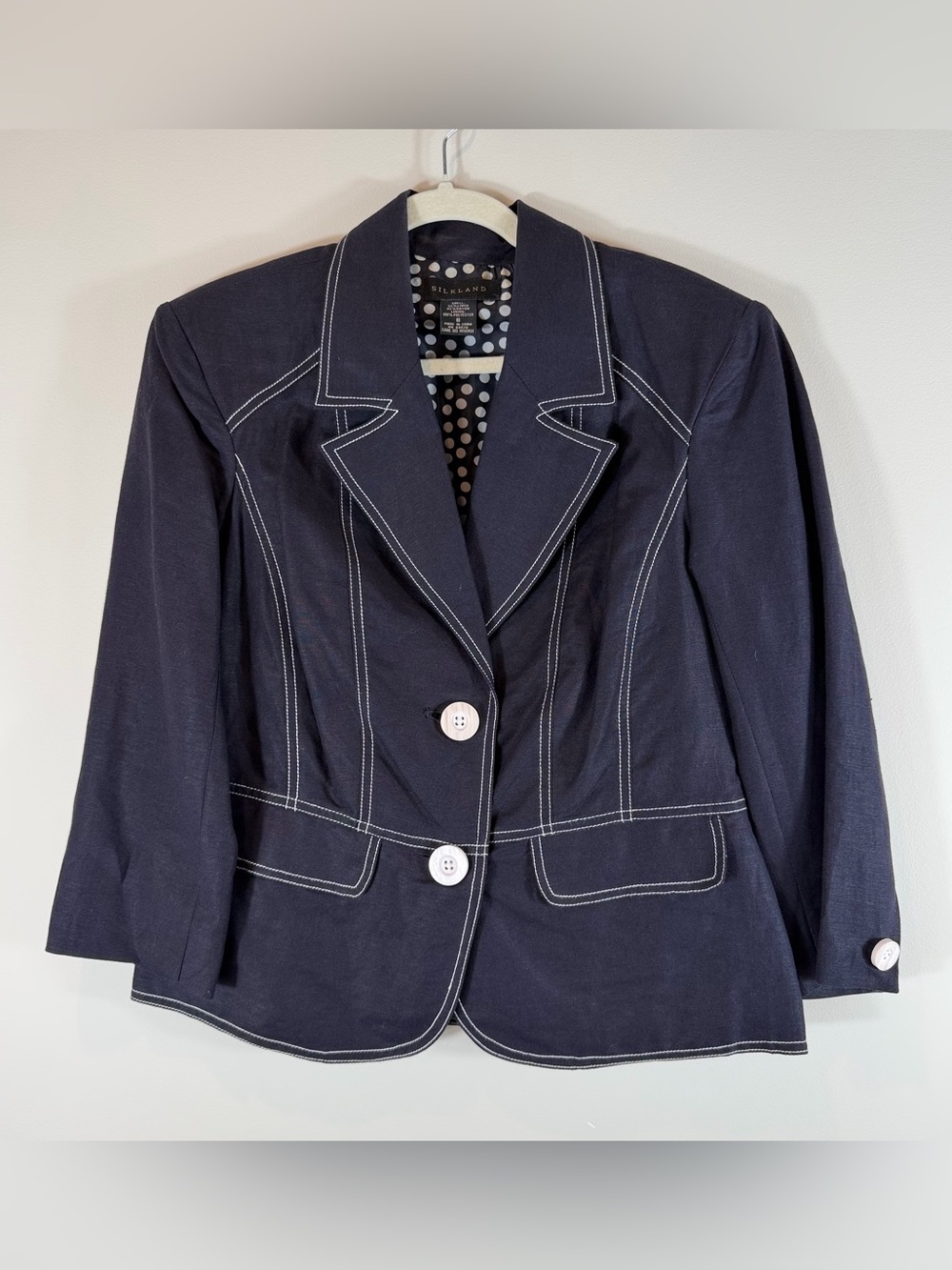 SilkLand Navy Blazer with White Contrast Stitching Size 8